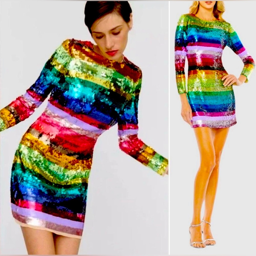 🌈 NWT! Mac Duggal Rainbow Stripe Sequin Mini Dress